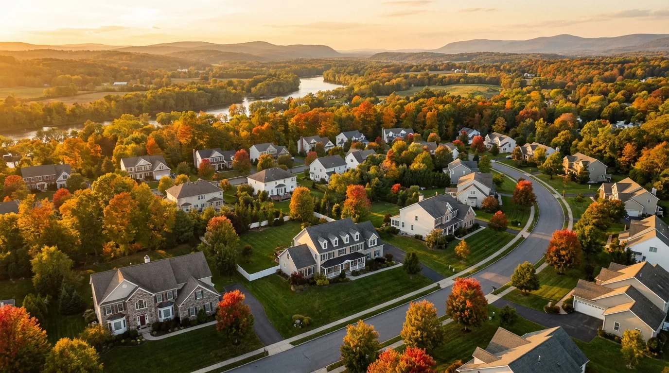 Hudson Valley suburban neighborhood in autumn